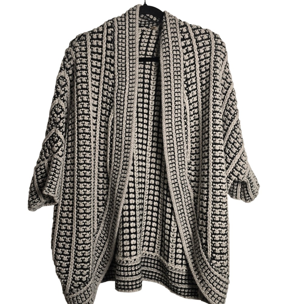 😀 BLACK TAPE Chunky Knit Open Front Cardigan Sweater Black White‎ L G